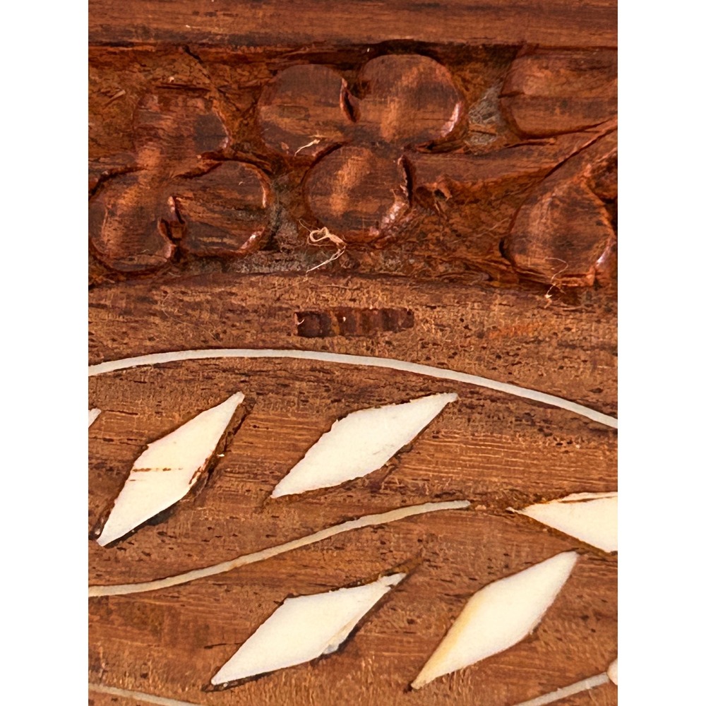 Vintage Hand Carved Floral Wood Jewelry Box Shell Inlay Blue Velvet Lined - Picture 12 of 16